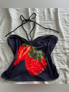 silence + noise Black halter Bandeau Top with Red Strawberry Graphic